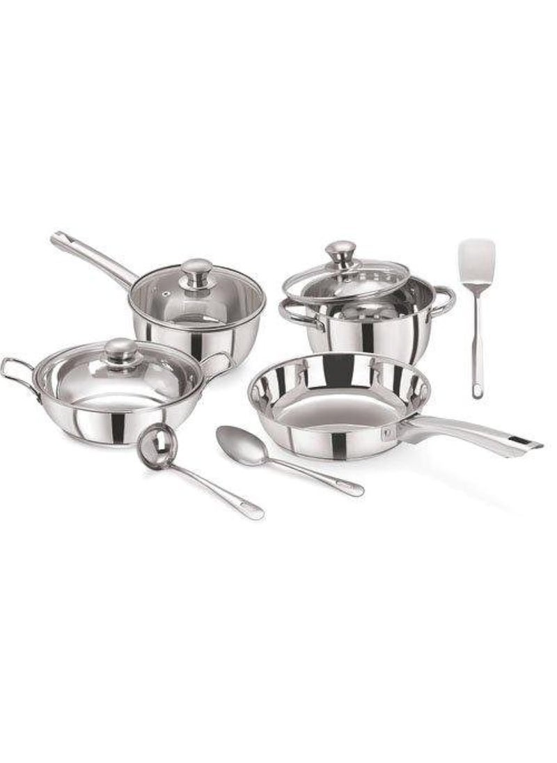 Pristine Pristine Tri Ply Induction Base Cooking Essential Stainless Steel Cookware Set |1 Sauce Pan, 1 Casserole, 1 Fry Pan, 1 Kadhai & 3 Serving Spoons (10 Piece, Silver)  - Image 1