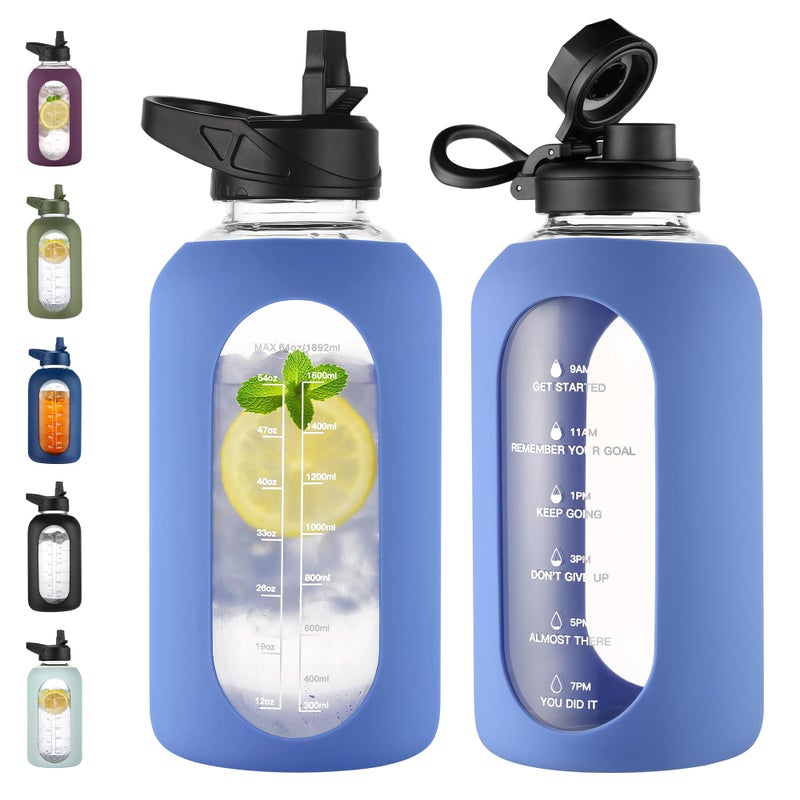 CIVAGO 64 oz Glass Water Bottle Jug with Straw and Handle, Half Gallon Sports Motivational Water Bottle with Time Marker, Wide Mouth Water Flask Canteen with Silicone Sleeve for Gym, Wave Blue - Image 1