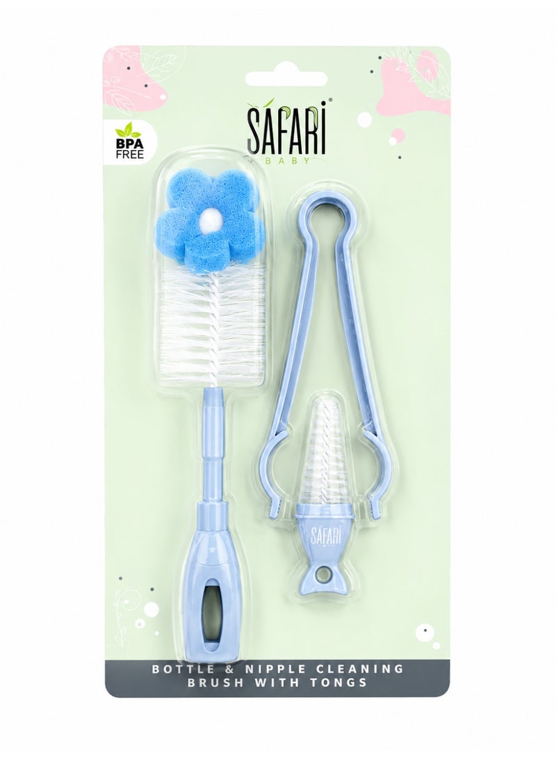 Safari Baby Bottle & Nipple Cleaning Brush Set with Tongs, BPA Free – Blue
