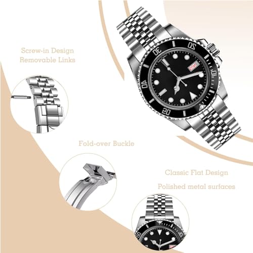 YISIWERA 20mm Stainless Steel Watch Band Screw in, Curved End Metal Watch Strap for Men Women, Jubilee Bracelet with Adjustable Diving Buckle Silver - Image 4