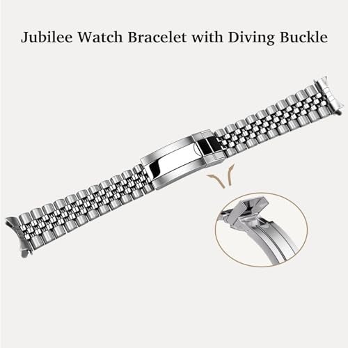 YISIWERA 20mm Stainless Steel Watch Band Screw in, Curved End Metal Watch Strap for Men Women, Jubilee Bracelet with Adjustable Diving Buckle Silver - Image 3