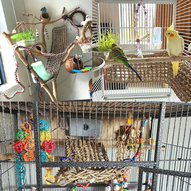 Hamiledyi 2Pcs Bird Seagrass Mat 20.5×8'' Natural Grass Woven Net Hammock Hanging on Cage Parakeet Climbing Rope Ladder Chew Toys for Lovebird Cockatiel Conure Budgie Cockatoo - Image 3