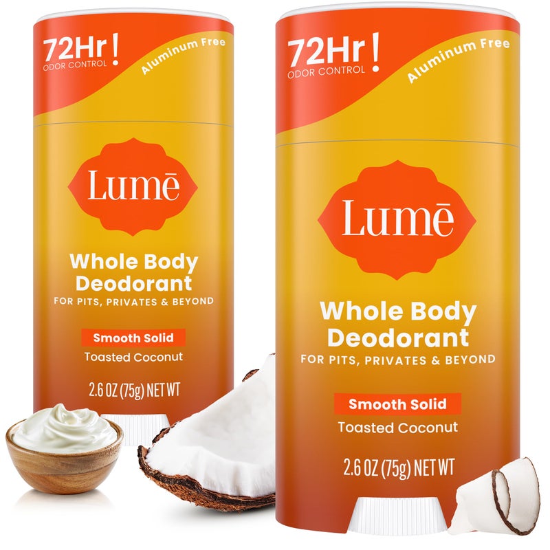 Lume Whole Body Deodorant - Smooth Solid Stick - 72 Hour Odor Control - Aluminum Free, Baking Soda Free and Skin Safe - 2.6 Ounce (Pack of 2) (Toasted Coconut) - Image 1