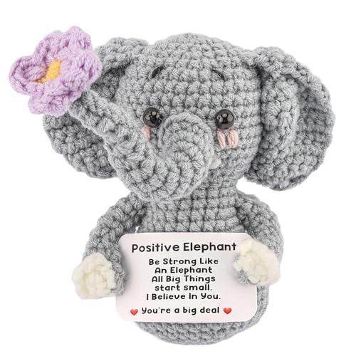 Exacoo Positive Crochet Elephant with Message CardsBirthday for Women Small Cute Handmade Crochet Animals Decor for Home Office Desk Emotional Support Elephant Christmas Stocking Stuffs - Image 1