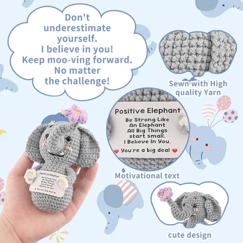 Exacoo Positive Crochet Elephant with Message CardsBirthday for Women Small Cute Handmade Crochet Animals Decor for Home Office Desk Emotional Support Elephant Christmas Stocking Stuffs - Image 5