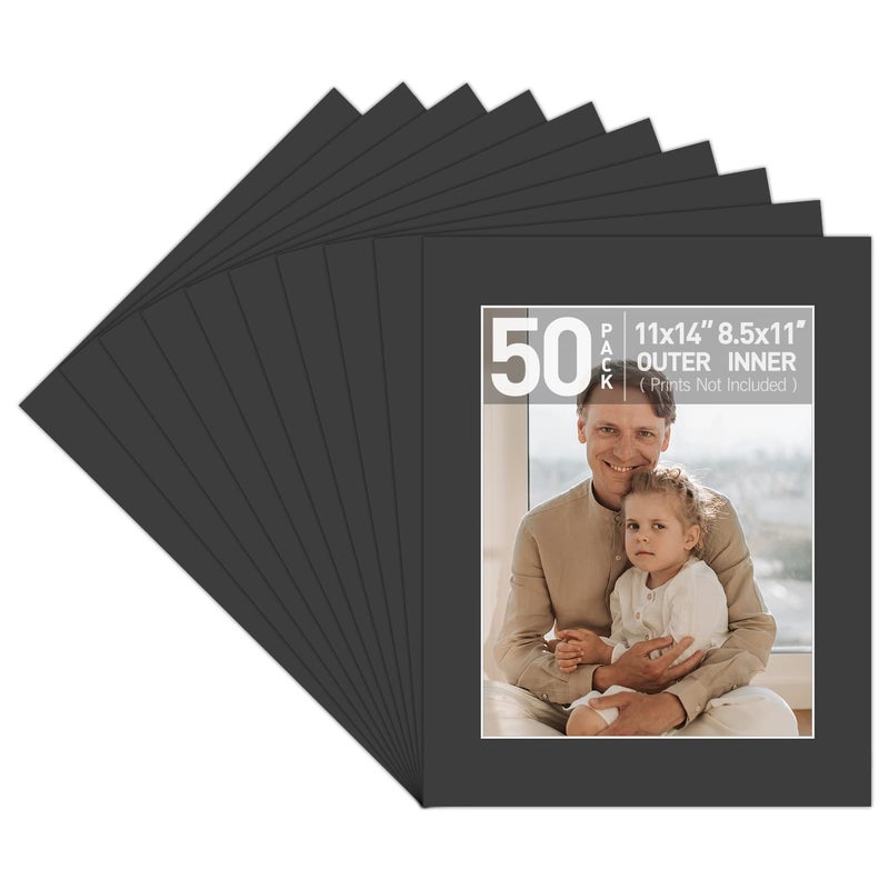 Golden State Art Acid Free Pack of 50 Black PreCut 11x14 Picture Mat for 85x11 DocumentPhoto with White Core Bevel Cut Mattes