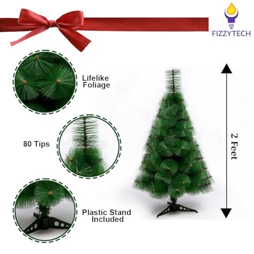 fizzytech Premium Artificial 2 Feet Christmas Pine Tree with 80 Hinged Branches, PVC Material Xmas Miniature Tree for Christmas/New Year/Festival/Tabletop Décor - Image 2