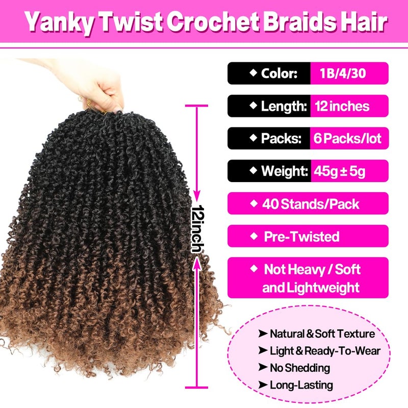 Youngther Yanky twist crochet hair 12 Inch 6Pack Pre-Twisted Fluffy Yankee Twist with curly crochet hair for black women 45g/Pack crochet hair pre looped Synthetic hair extension (1b/4/30) - Image 3