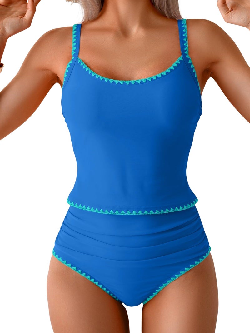 Eomenie Tankini Swimsuit for Women Tummy Control Ruched Two Piece Bathing Suits High Waisted Shell Stitch Swimwear Blue - Image 1