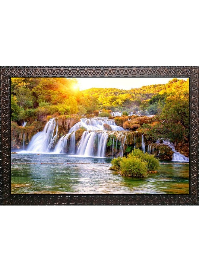 PARI ARTS PARI ARTS Beautiful Vastu Sunrise Waterfall with Special Effects Sparkle Lamination and Synthetic Solid Wooden Frame Wall Painting (Multicolour, 56cm x 70cm, ph0013) - Image 1