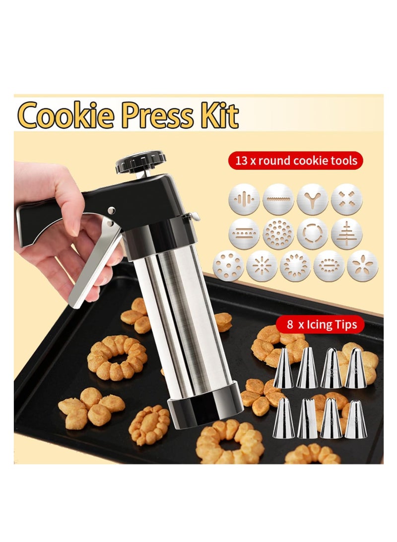 FANTEXY FANTEXY Cookie Press Gun Kit, Stainless Steel Spritz Cookie Press Set for Baking Icing Gun with 13 Cookie Discs and 8 Piping Tips for DIY Biscuit Cake Dessert Making and Decorating Baking Supplies  - Image 2