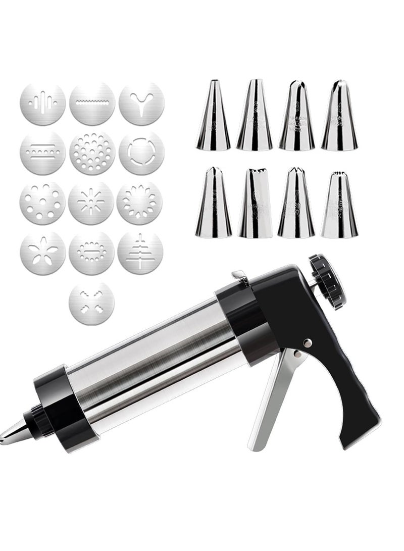 FANTEXY FANTEXY Cookie Press Gun Kit, Stainless Steel Spritz Cookie Press Set for Baking Icing Gun with 13 Cookie Discs and 8 Piping Tips for DIY Biscuit Cake Dessert Making and Decorating Baking Supplies  - Image 1