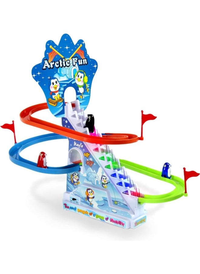 Haktoys Arctic Fun Playful Penguin Race Set with Flashing Lights & Music On/Off Button for Quiet Play, Jolly Penguin Slide Playset 