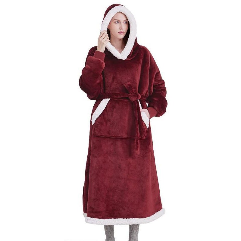 Fleece Hooded Warm Robe Autumn Winter Couch Blanket Sweatshirt Burgundy - Image 1