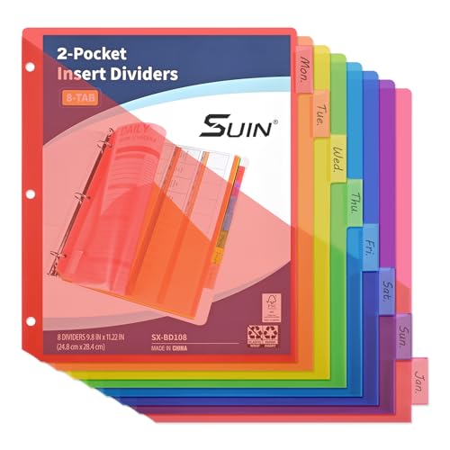 SUIN 8-Tab Insertable Binder Dividers with Double Pockets - Translucent Plastic Page Separators for 3 Ring Binder, Front & Back Storage, Durable Poly, Letter Size, Rainbow Colors, 12-Pack - Image 1