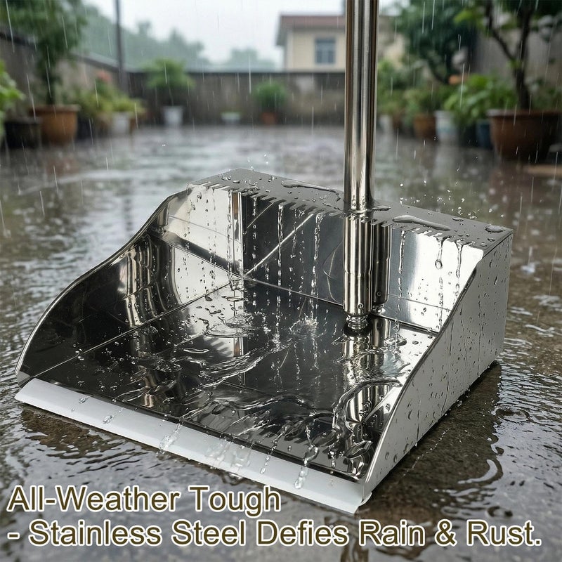 MuLing Metal Dustpan Long Handle Stainless Steel Dustpan,Heavy Duty Standing Dust Pan with Teeth, Indoor Outdoor Up for Home Kitchen Lobby Room Office - Image 2