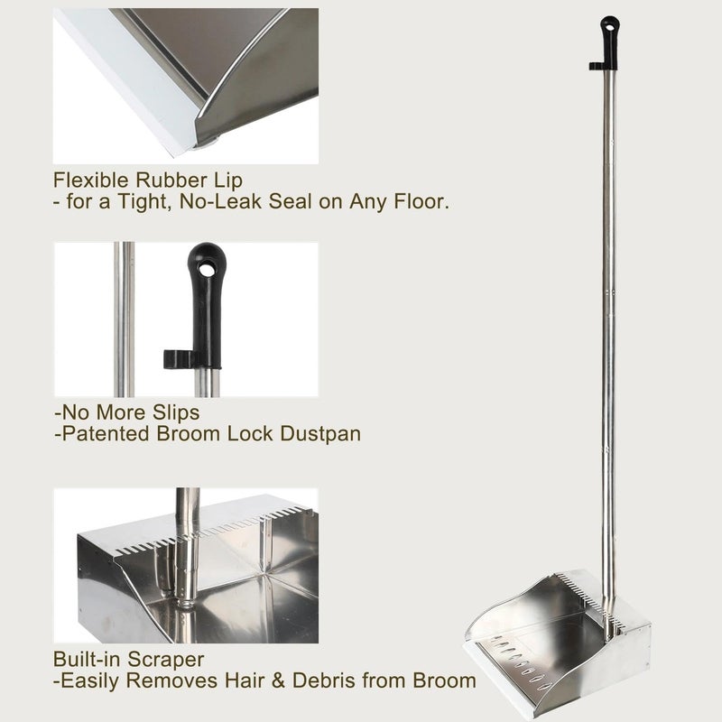 MuLing Metal Dustpan Long Handle Stainless Steel Dustpan,Heavy Duty Standing Dust Pan with Teeth, Indoor Outdoor Up for Home Kitchen Lobby Room Office - Image 4