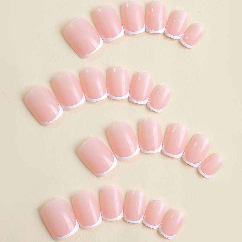 KRTBKR 24Pcs White French Tip Press on Nails Short Petite Fake Nails Square Shaped Acrylic Glue on Nails Reusable Stick on Nail Nude Pink False Nails Glossy Designs for Women Girls DIY Manicure Decorations - Image 2