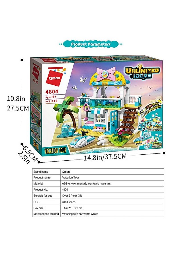 Qman Beach House Building Block Set, 3 in 1 Friends Vacation Tour Toy Kit Includes Beachside Villa, Ice Cream Truck, Yacht Ideal Roleplay and Imaginative for Kids, Girls Aged 6+ (316 Pieces)  - Image 2