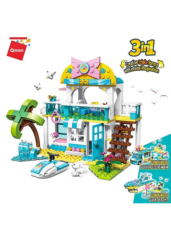 Qman Beach House Building Block Set, 3 in 1 Friends Vacation Tour Toy Kit Includes Beachside Villa, Ice Cream Truck, Yacht Ideal Roleplay and Imaginative for Kids, Girls Aged 6+ (316 Pieces)  - Image 1