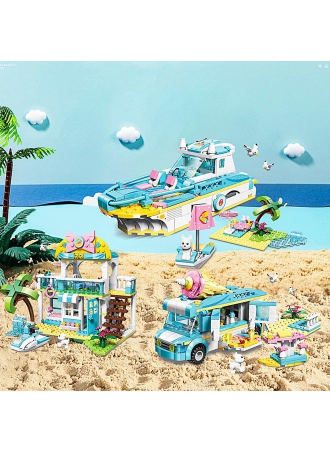 Qman Beach House Building Block Set, 3 in 1 Friends Vacation Tour Toy Kit Includes Beachside Villa, Ice Cream Truck, Yacht Ideal Roleplay and Imaginative for Kids, Girls Aged 6+ (316 Pieces)  - Image 5