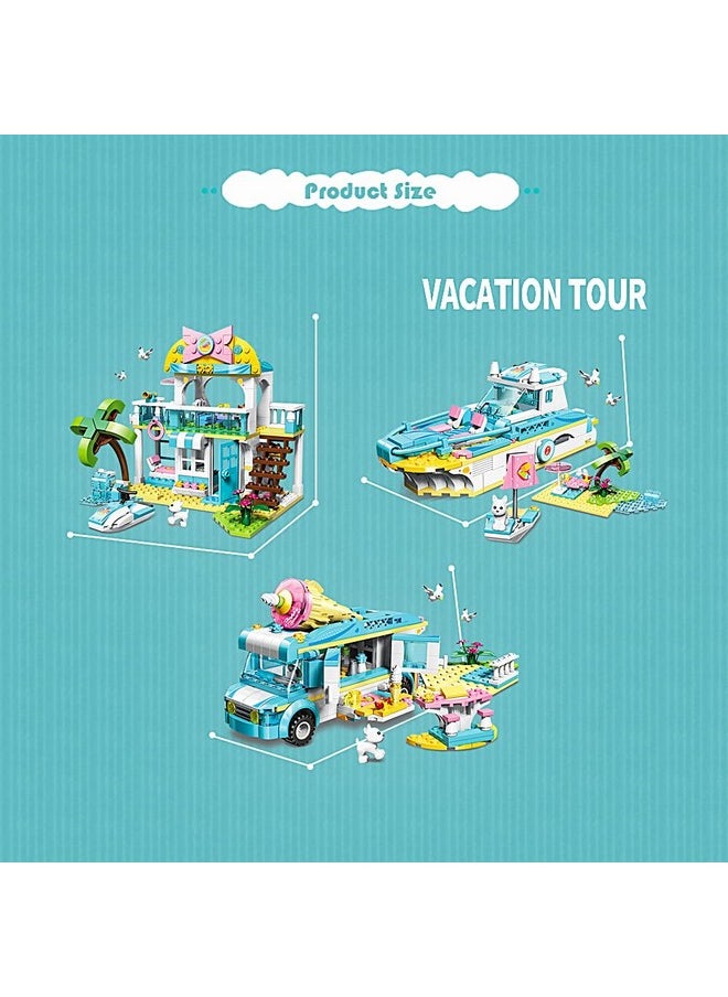 Qman Beach House Building Block Set, 3 in 1 Friends Vacation Tour Toy Kit Includes Beachside Villa, Ice Cream Truck, Yacht Ideal Roleplay and Imaginative for Kids, Girls Aged 6+ (316 Pieces)  - Image 3