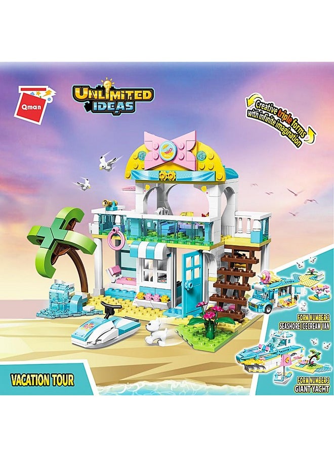 Qman Beach House Building Block Set, 3 in 1 Friends Vacation Tour Toy Kit Includes Beachside Villa, Ice Cream Truck, Yacht Ideal Roleplay and Imaginative for Kids, Girls Aged 6+ (316 Pieces)  - Image 4