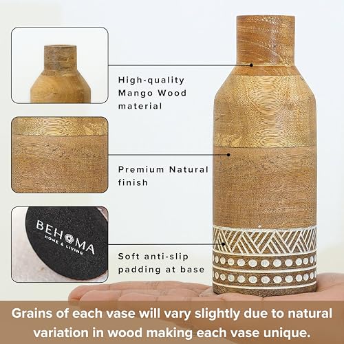 Behoma Wooden Flower Vase Set of 2, Bottle Shape Mango Wood Vases for Flowers for Decor Home Living Room Kitchen Office, Natural Light Brown Finish | Height - 9 inch (23 cm) & 5.9 inch (15 cm) - Image 2