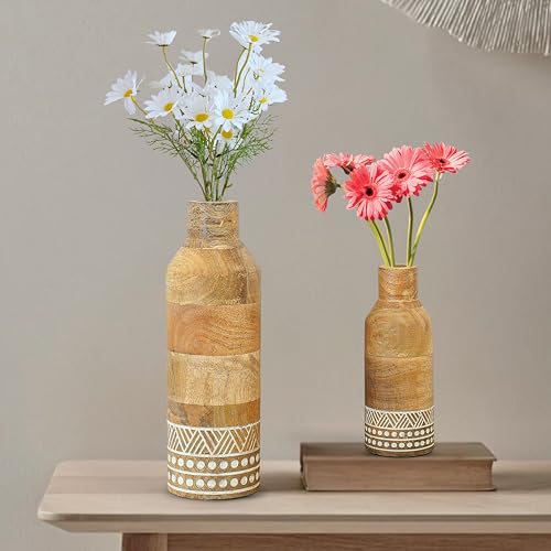 Behoma Wooden Flower Vase Set of 2, Bottle Shape Mango Wood Vases for Flowers for Decor Home Living Room Kitchen Office, Natural Light Brown Finish | Height - 9 inch (23 cm) & 5.9 inch (15 cm) - Image 1