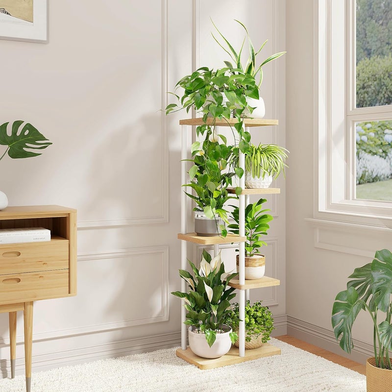 Bamworld Corner Plant Stand Indoor, 5 Tier Metal Plant Shelf for Multiple Plants, Tiered Flower Pot Stands for Patio Garden Balcony Living Room Bedroom, White - Image 1