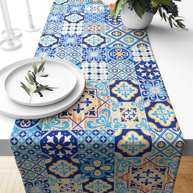AnyDesign Blue Tile Print Table Runner Vintage Patchwork Kitchen Dining Table Decoration Spanish Style Table Cover for Home Kitchen Party Restaurant Supplies 13 x 72 Inch