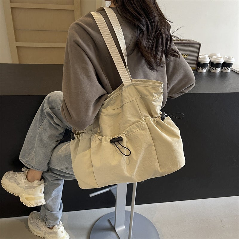 2024 Niche Casual Washed Cloth Bag For Women, Fashionable Pleated Drawstring Shoulder Bag For Women, Multi-Flap Pocket Pants Satchel Armpit Bag - Image 4