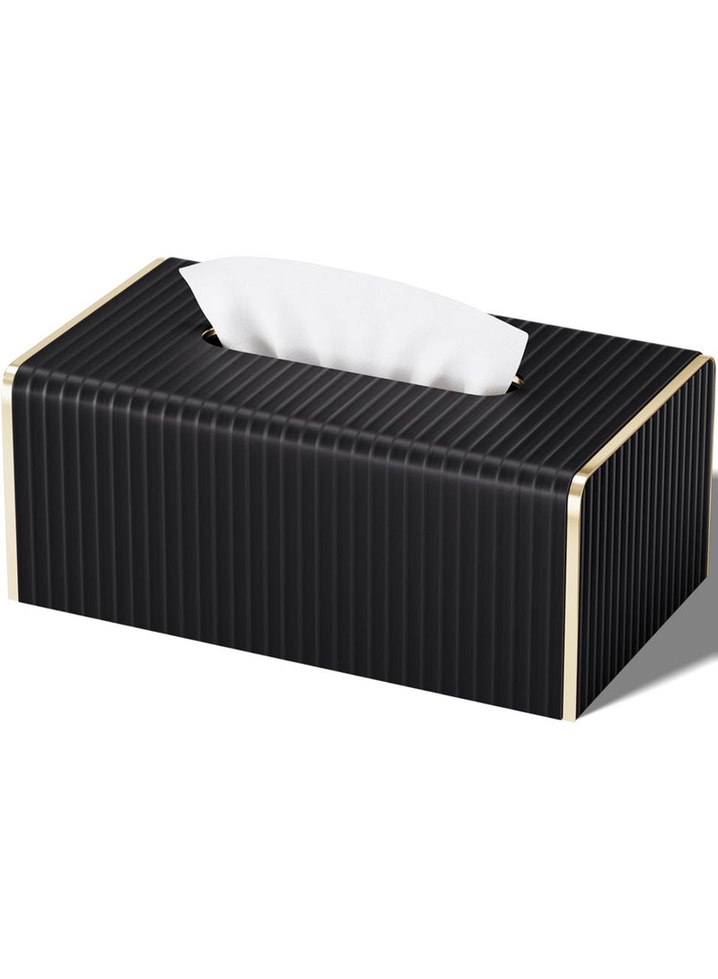 Bukela Tissue Box Cover,Black Rectangle PU Leather Tissue Holder with Gold-Tone Edging Accents,Tissue Box Cover for Bathroom Toilet Bedroom Living Room Table Desk Office,Countertop - Image 1