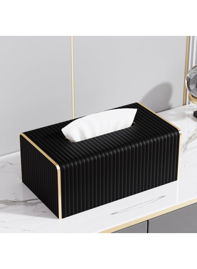 Bukela Tissue Box Cover,Black Rectangle PU Leather Tissue Holder with Gold-Tone Edging Accents,Tissue Box Cover for Bathroom Toilet Bedroom Living Room Table Desk Office,Countertop - Image 4