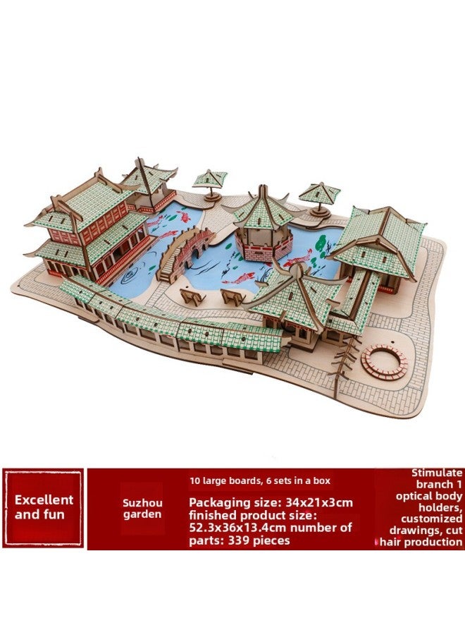 Wooden 3D Puzzle Chinese Ancient Building Model Toy Handmade Movable Material Stall Supply-Color:Suzhou Garden (laser Cutting-Three-dimensional Diagram) - Image 1