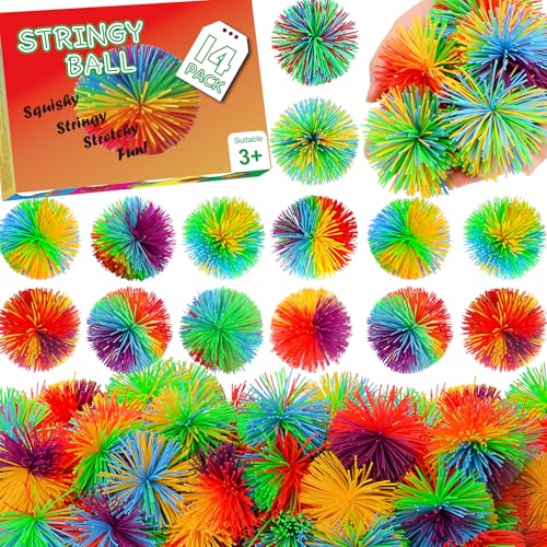 SHQDD 14PCS Stringy Balls Sensory Stringy Ball 275 inch Soft Rainbow Pom Bouncy Stocking Stuffers for Kids Monkey Pom Balls Fidget Toys Stress Ball Birthday Gifts for Boys Girls Ages 3 - Image 1