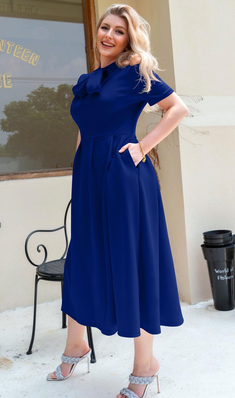 Memoriesea Women's Elegant Casual Short Sleeve Work Party A-Line Dress with Pockets Royal Blue - Image 4