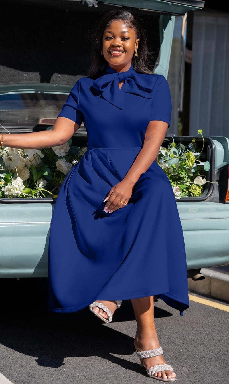 Memoriesea Women's Elegant Casual Short Sleeve Work Party A-Line Dress with Pockets Royal Blue - Image 5