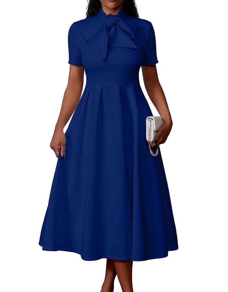 Memoriesea Women's Elegant Casual Short Sleeve Work Party A-Line Dress with Pockets Royal Blue - Image 1