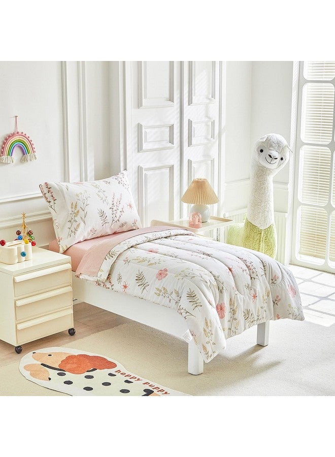 Joyreap 4 Piece Cotton Toddler Bedding Set for Girls, Pink Flowers Reversible Design, Soft Breathable Cotton Toddler Comforter Set - Image 2