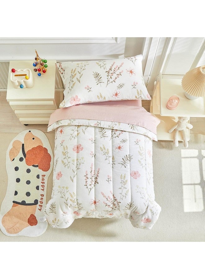 Joyreap 4 Piece Cotton Toddler Bedding Set for Girls, Pink Flowers Reversible Design, Soft Breathable Cotton Toddler Comforter Set - Image 3