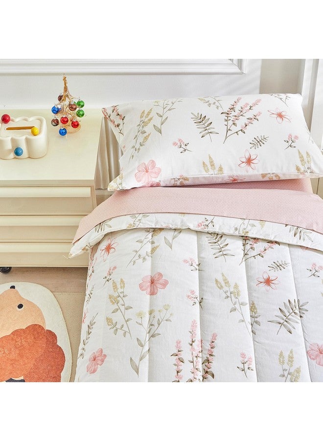 Joyreap 4 Piece Cotton Toddler Bedding Set for Girls, Pink Flowers Reversible Design, Soft Breathable Cotton Toddler Comforter Set - Image 4