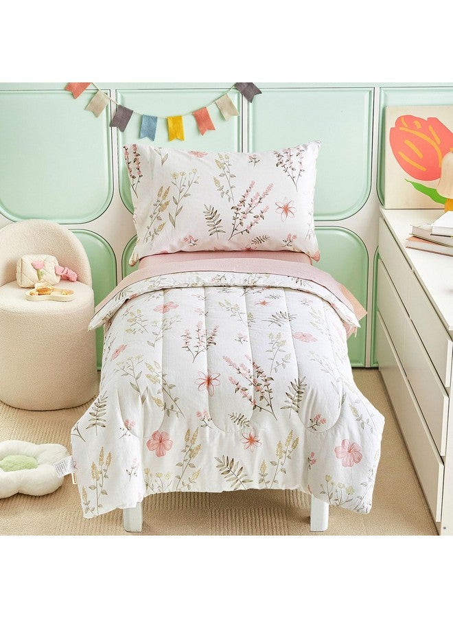 Joyreap 4 Piece Cotton Toddler Bedding Set for Girls, Pink Flowers Reversible Design, Soft Breathable Cotton Toddler Comforter Set - Image 1