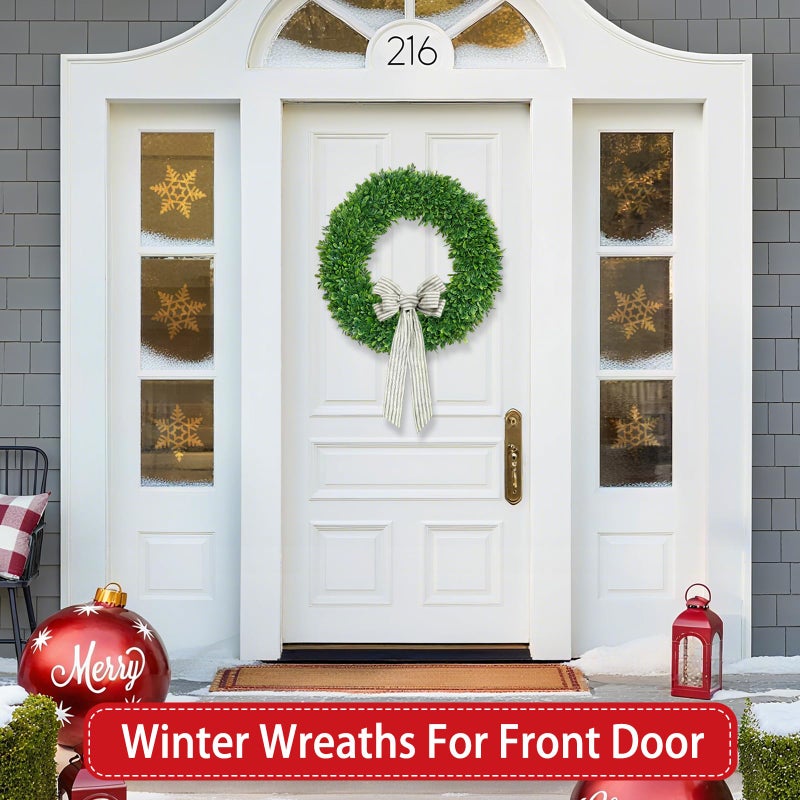 RHTRJ 22 Inch Boxwood Wreath for Front Door Realistic with Welcome Sign Faux Easter Green Preserved Boxwood Wreaths Outdoor Spring Wreaths for Front Door Outside for Porch Farmhouse Wall Home Decor - Image 4