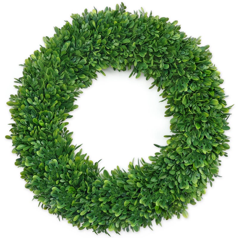 RHTRJ 22 Inch Boxwood Wreath for Front Door Realistic with Welcome Sign Faux Easter Green Preserved Boxwood Wreaths Outdoor Spring Wreaths for Front Door Outside for Porch Farmhouse Wall Home Decor - Image 1