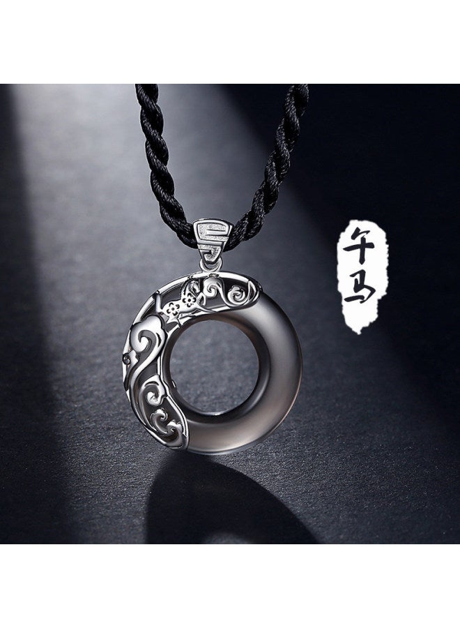 Sterling Silver Necklace Men's Trendy Obsidian Safety Buckle Boys Pendant Engraved Pendant Valentine's Day Gift For Boyfriend