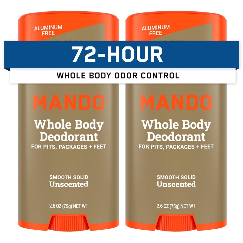 Mando Whole Body Deodorant For Men - Smooth Solid Stick - 72 Hour Odor Control - Aluminum Free, Baking Soda Free, Skin Safe - 2.6 Ounce (Pack of 2) - Unscented - Image 1