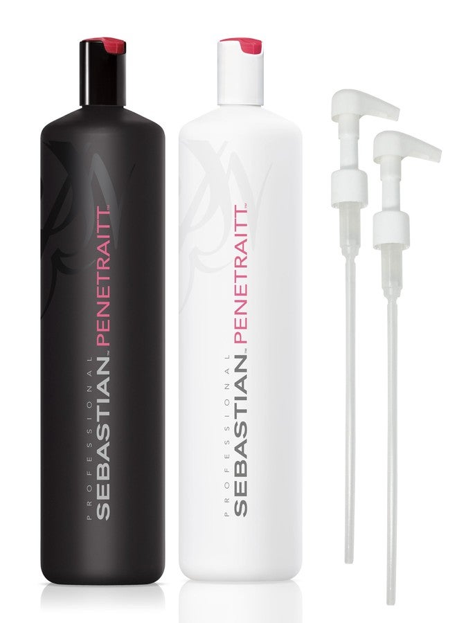 Sebastian Professional Penetraitt Shampoo & Conditioner Duo Set | 33.8 Fl Oz Liter Bottles Prepack with Pumps Included | Strengthening & Deep Repair | For Dry, Damaged, & Colored Hair - Image 1