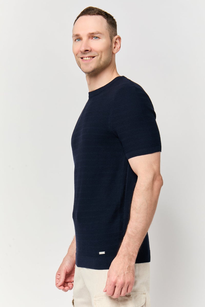 Threadbare Men Crew Neck Short Sleeve Knitted T-Shirt, Navy Blue - Image 3