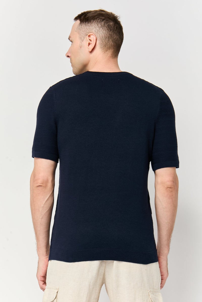 Threadbare Men Crew Neck Short Sleeve Knitted T-Shirt, Navy Blue - Image 4